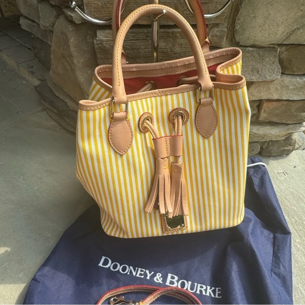Sold! Dooney & Bourke Yellow and Tan Bag with Tassel Accents in dust bag - Picture 2 of 5